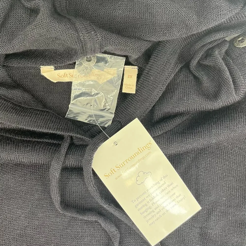 Soft Surroundings Women's 2X NWT Black Hooded‎ Button Sleeve Wool Blend Sweater